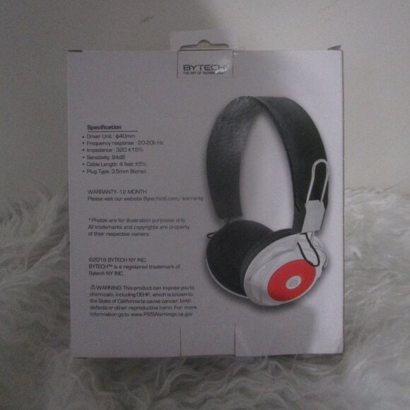 NIB Bytech Stereo Headphones DJ Style Headset (White/Red) - Picture 4 of 5